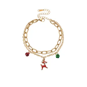 Bracciale natalizio a doppio strato in acciaio inossidabile con cervo e campanelli