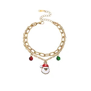 Bracciale a doppia catena in acciaio inossidabile di Natale con Babbo Natale e campanelli.