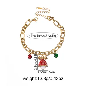 Christmas enamel stainless steel charm bracelet with elk and bells, gold tone, size details.