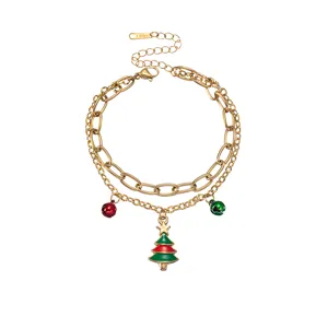 Bracciale a catena a doppio strato di Natale con ciondoli ad albero campana oro retro