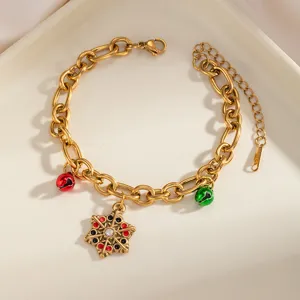 Christmas style enamel stainless steel bracelet with retro snowflake and bell pendants.