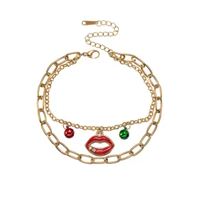 Bracciale di Natale a doppio strato in acciaio inossidabile con labbra rosse e campanelli.