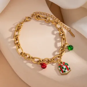 Gold stainless steel Christmas charm bracelet with enamel gift box and colorful bells.