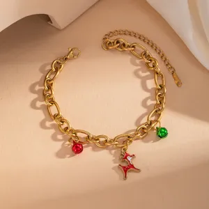 Gold stainless steel Christmas bracelet with enamel reindeer and bell charms for daily wear.