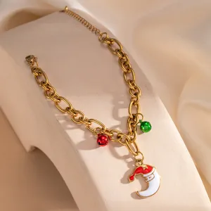 Christmas enamel stainless steel chain bracelet with cute Santa hat moon and colorful bells.