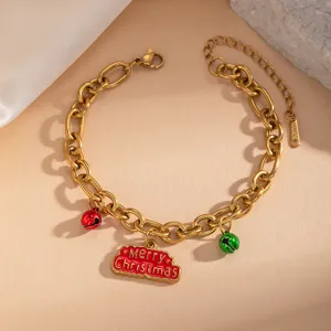 Christmas stainless steel bracelet with red enamel charm and cute bells for women and men.