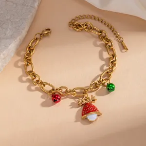 Close-up of Christmas stainless steel enamel bracelet featuring cute deer and bell charms.