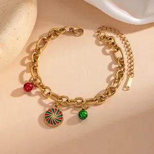 Christmas stainless steel enamel charm bracelet with red green bells and candy pendant detail.