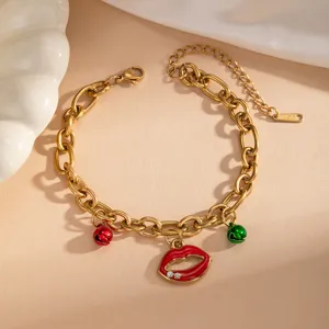Christmas red lips enamel stainless steel chain bracelet with cute bells holiday jewelry gift.