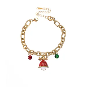 Gold tone stainless steel Christmas charm bracelet with cute reindeer and colorful bells.