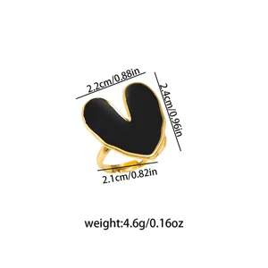 Anello aperto in acciaio inossidabile dorato con cuore nero asimmetrico, bijoux chic donna.