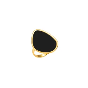 Anello aperto in acciaio inossidabile dorato con goccia di smalto nero irregolare donna
