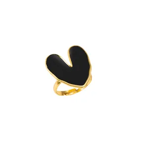 Anello aperto in acciaio inossidabile dorato con cuore nero smaltato, elegante e resistente.