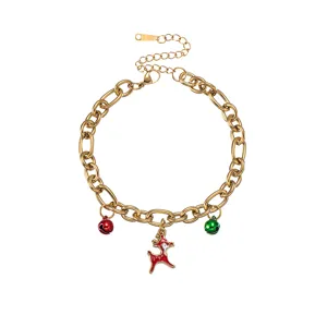 Detailed view of Christmas enamel elk bracelet with bells, gold stainless steel holiday jewelry.