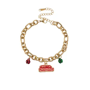 Christmas gold stainless steel link chain bracelet with red green bells and pendant