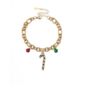 Christmas candy cane pendant bracelet gold stainless steel chain with red green bells jewelry