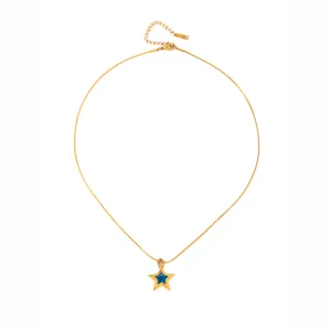 Detailed product view of gold stainless steel snake chain necklace featuring blue rhinestone star pendant.