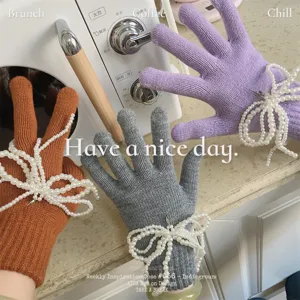 Damen Winter Strickhandschuhe Touchscreen süße Perlen Schleife warme Handschuhe