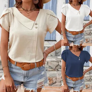 Casual zomerblouse voor dames in effen kleur met asymmetrische knoopkraag en bloembladmouwen