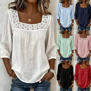 Kleurvariaties van damesblouses met 3/4-mouwen, vierkante hals en delicate kanten rand