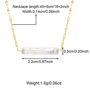 Close-up detail of freshwater pearl necklace featuring a 2.2cm bar pendant and gold chain