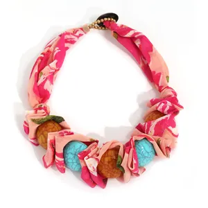 Boho multicolor floral printed fabric necklace with turquoise beads statement choker