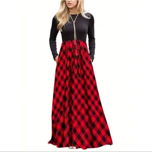 Women long sleeve round neck plaid maxi dress with red and black buffalo check skirt