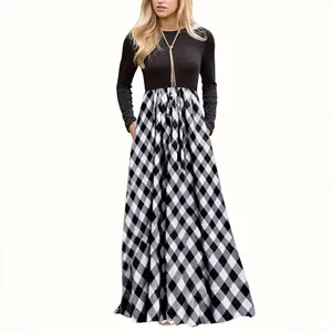 Casual long sleeve patchwork maxi dress with black top and plaid checkerboard skirt