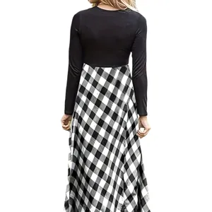 Casual women's long-sleeved maxi dress with black top and gingham checkered skirt