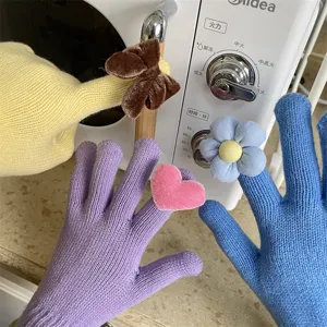 Süße Strick-Touchscreen-Handschuhe mit 3D-Blumen und Schleifen für warme Wintertage