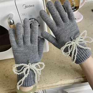 Graue Strickhandschuhe Detail, Perlen Schleife Akzent, warme Winter Fingerhandschuhe, Damen