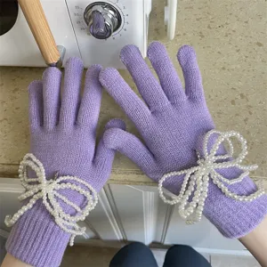 Damen lila Strickhandschuhe mit Perlen Schleife süsse Winter warme Handschuhe Paar