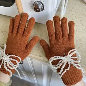 Damen Winter warme Strickhandschuhe mit Perlen Schleife süße Touchscreen Handschuhe