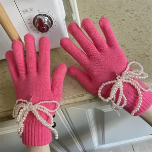 Damen rosa Strickhandschuhe mit Perlen Schleife süße Winter warme Touchscreen Handschuhe Mode