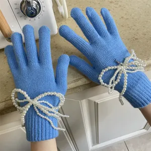 Damen süße blaue Strickhandschuhe mit Perlen Schleife Detail Winter warme Handschuhe