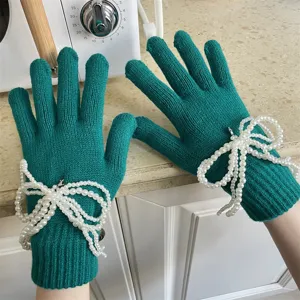 Grüne Strickhandschuhe für Damen im Winter warm Touchscreen Perlenschleife Handschuhe