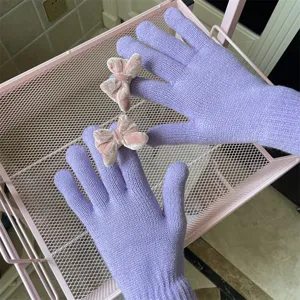 Damen süße lila Strick Touchscreen Handschuhe mit rosa Samtschleifen warme Winterhandschuhe