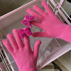 Rosa Strick Touchscreen Handschuhe mit Samtschleifen fuer Damen Winter warme Radfahren.