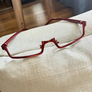 Wine red metal half-frame glasses frame, unique Y2K cyberpunk Lolita cosplay styling accessory.