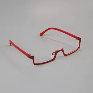 Unique wine red inverted half rim glasses for cyber, Y2K and Lolita cosplay styling.