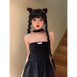 Detailed view of the stylish double braided pigtail wig with trendy punk fashion aesthetic.