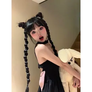 Sweet and cool style twin tails braided ponytail wig for women, fashion hair extension piece.