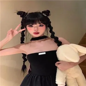 Detail view of sweet and cool black boxing braids wig, featuring trendy double pigtail hair extensions.