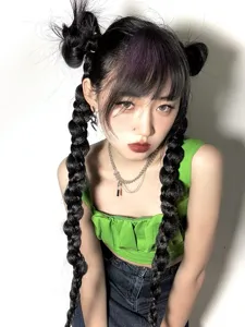 Detailed close-up of fashion braided wig with double pigtails and chic purple highlight style.