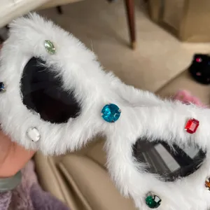 White fluffy rhinestone sunglasses plush cat eye glasses for party festival wear.