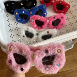 Fuzzy plush jeweled cat eye sunglasses, colorful furry party eyewear for trendy outfits.