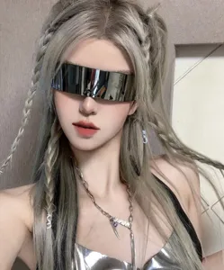 Futuristische Cyberpunk Spiegelvisier Sonnenbrille, coole Metall Party Brille Damen.