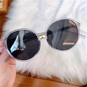 Detailansicht der runden Sonnenbrille mit klarem transparentem Gestell und dunklen Gläsern.