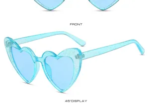 Blau glitzernde Herz Sonnenbrille fuer Damen Mode niedliche UV Schutz Party Brille Details.