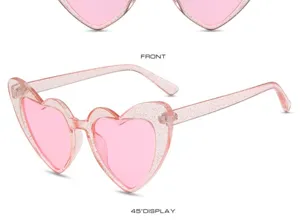 Rosa glitzernde Herz Sonnenbrille Detailansicht, süßer Harajuku Stil Brillenrahmen.